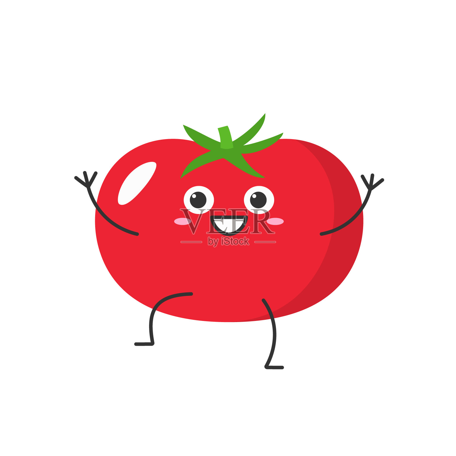 西红柿可爱的人物卡通问候微笑的脸情绪喜悦快乐成熟的红色西红柿图标美丽的矢量插图。插画图片素材
