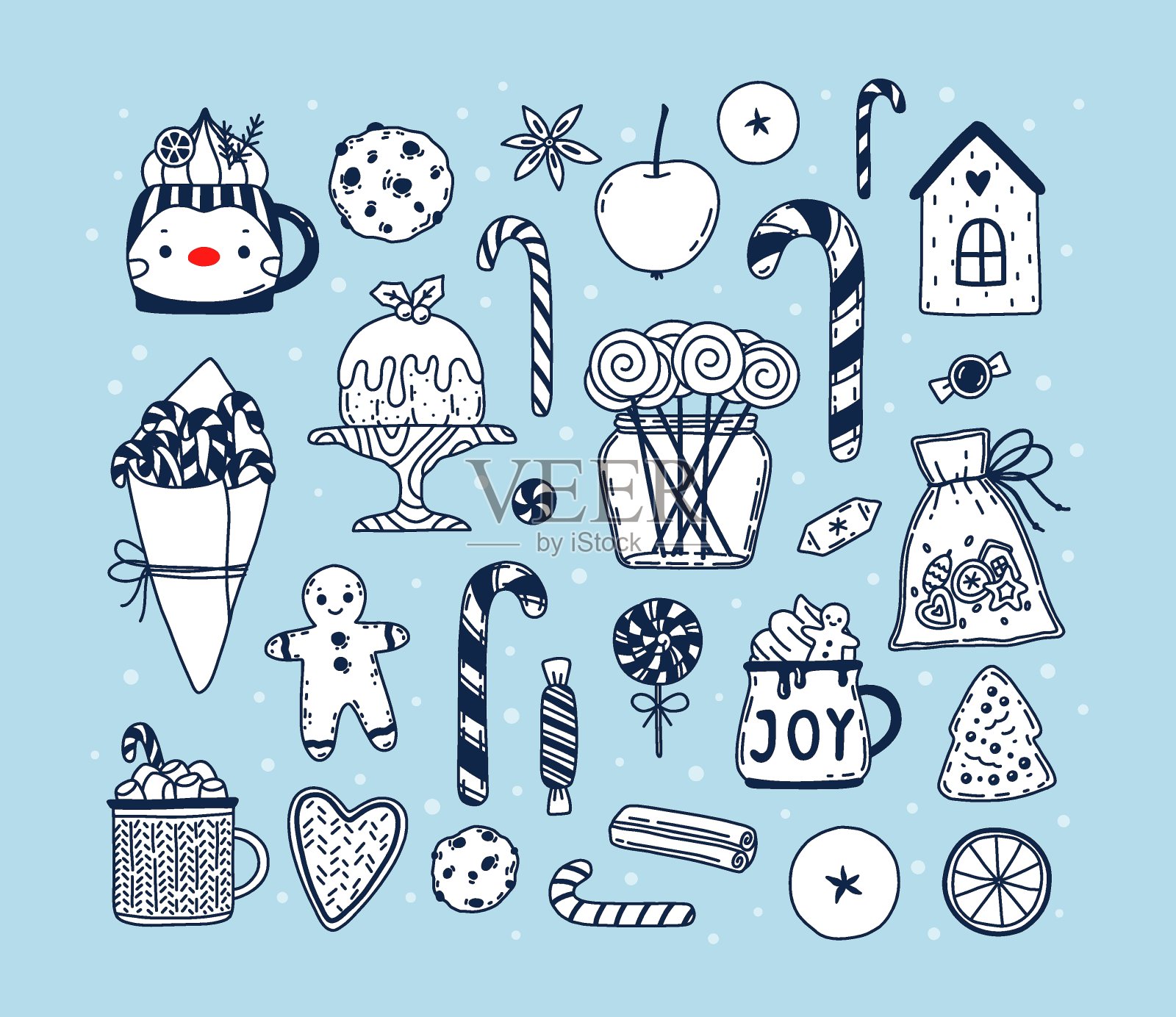 向量涂鸦设置冬季假期在蓝色的背景。涂鸦圣诞糖果-拐杖糖,棒棒糖,蛋糕,布丁,姜饼饼干,热饮,可爱的杯子,香料。插画图片素材