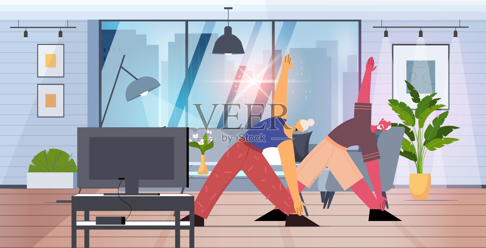 老年男女做瑜伽健身练习,在线看电视教程,锻炼健康生活方式,积极上年纪插画图片素材