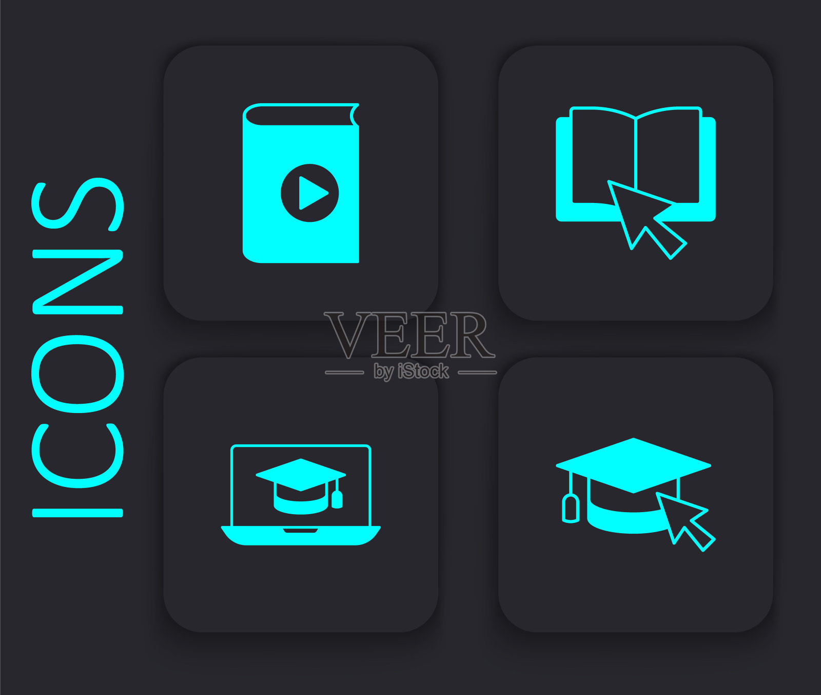 设置毕业帽与光标,有声书,在线和笔记本电脑图标。黑色方形按钮。向量图标素材