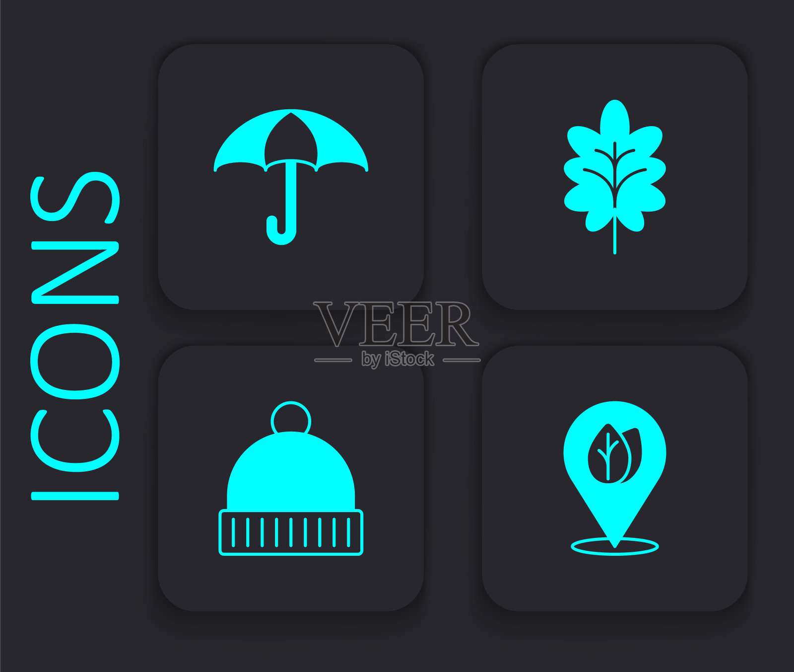 设置位置与树叶,伞,树叶和冬季帽子图标。黑色方形按钮。向量图标素材