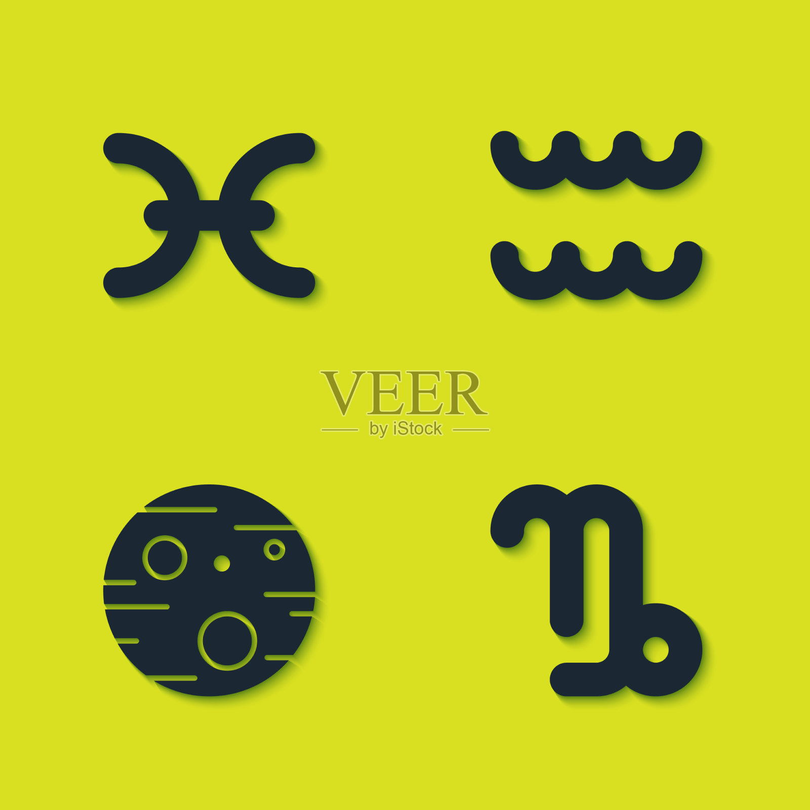 设定双鱼座的星座摩羯座的火星和图标素材