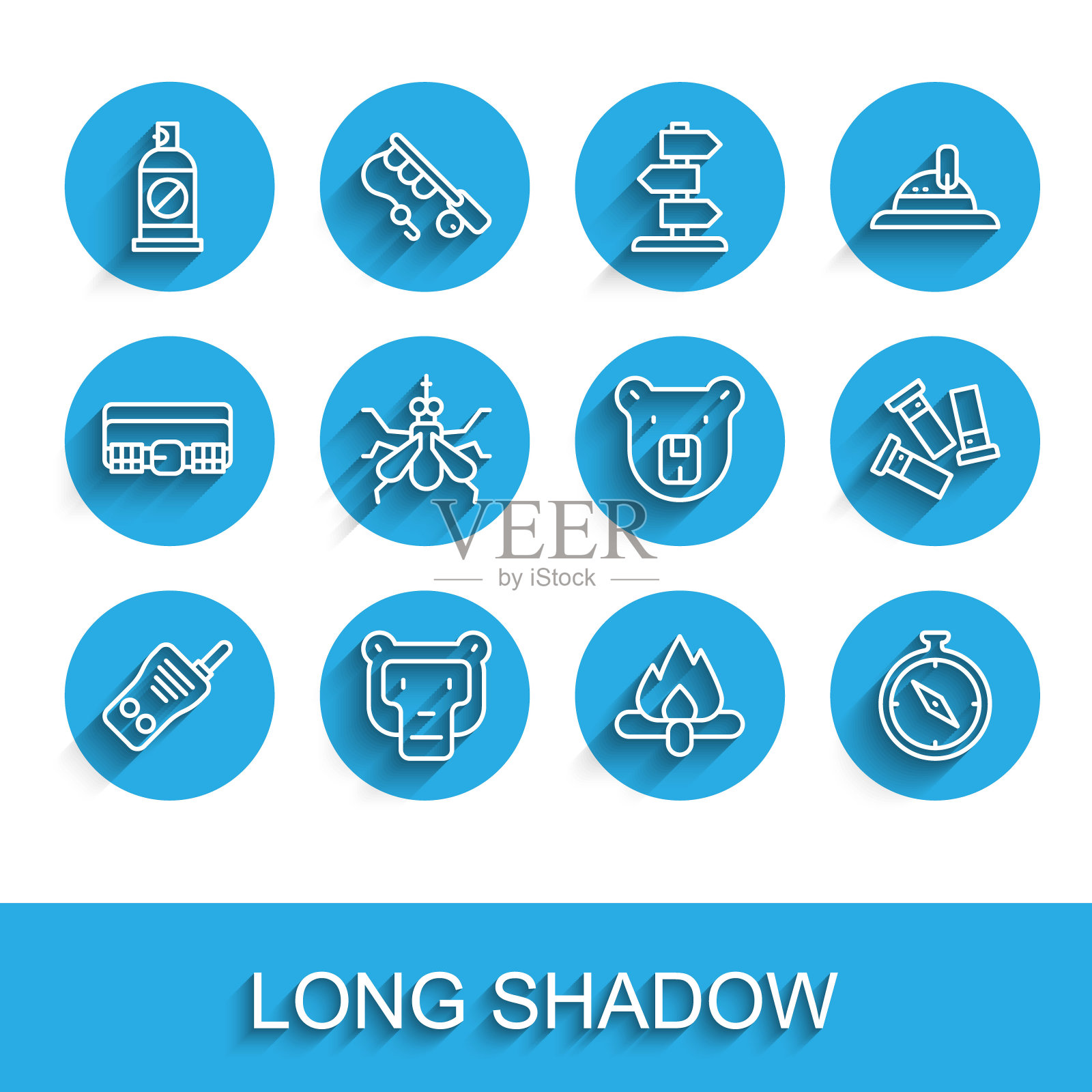 设置线对讲机,猴子,喷雾针对昆虫,营火,指南针,蚊子,子弹和熊的头图标。向量图标素材