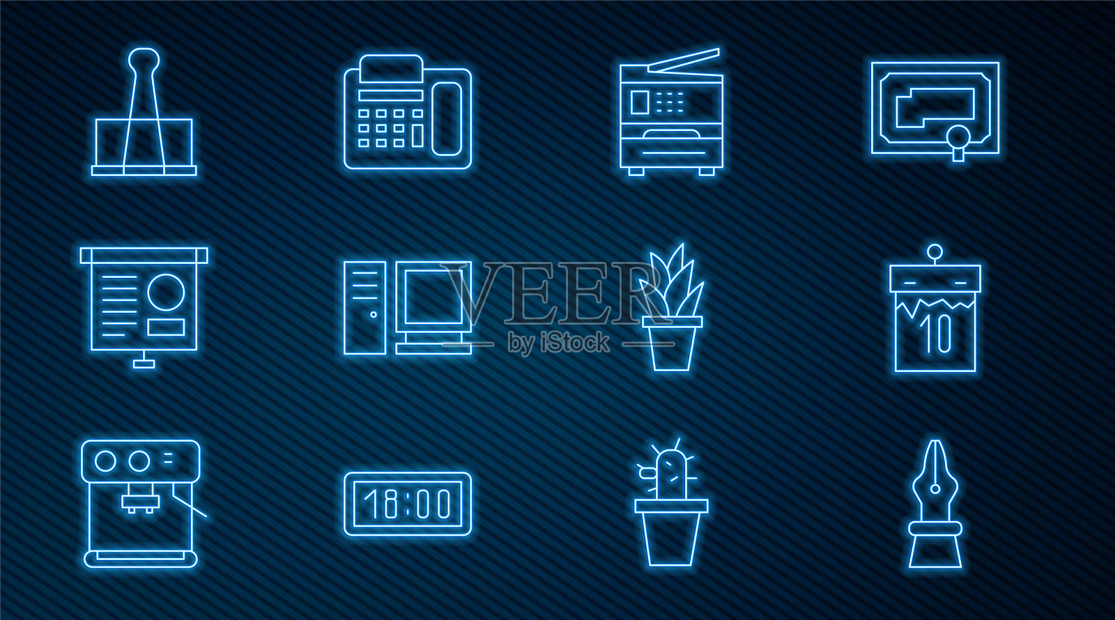 设置线钢笔笔尖,日历,打印机,电脑显示器,带图表的黑板,活页夹,花盆和电话图标。向量图标素材