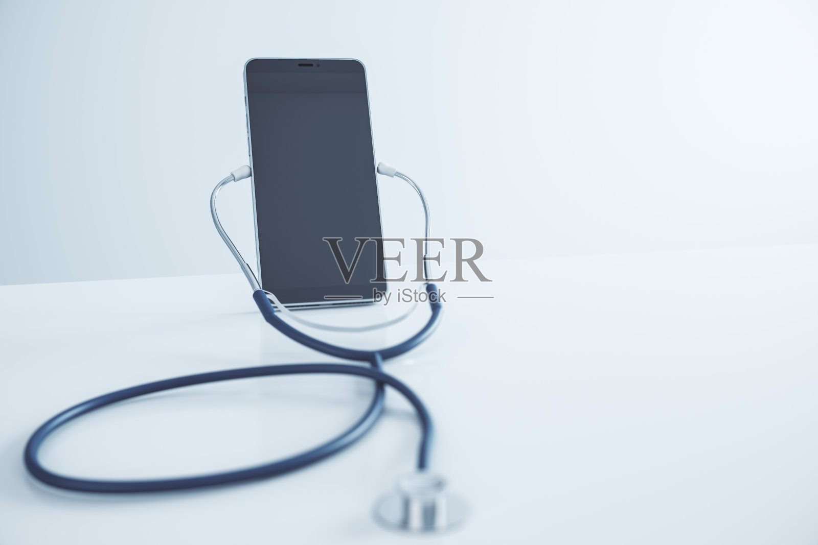 近抽象创意空白智能手机屏幕与听诊器在灯光背景与模拟的地方。在线医学,问医生概念。3 d渲染。照片摄影图片