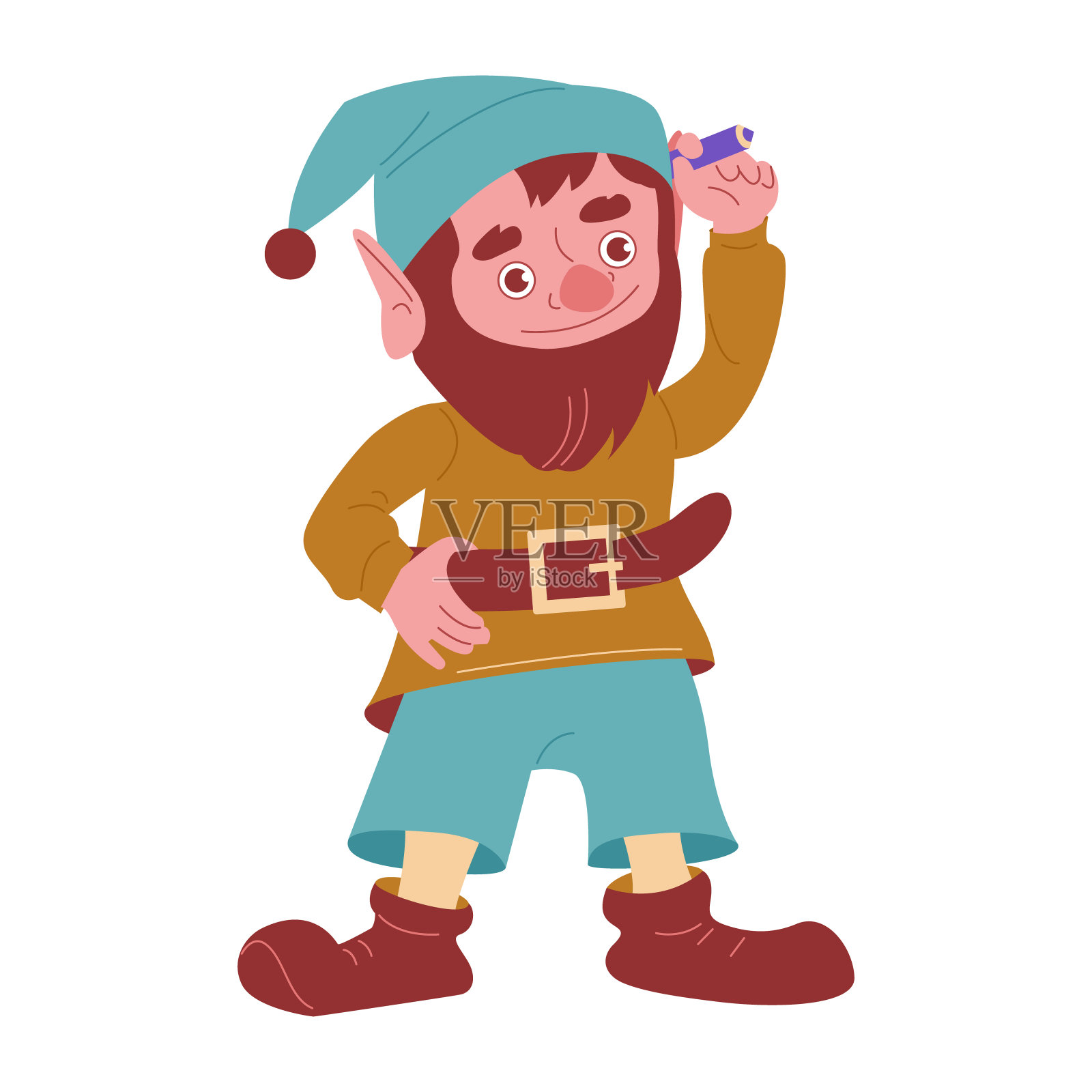 拿着铅笔的花园侏儒。矢量插图在卡通风格。被隔离在白色背景下。插画图片素材