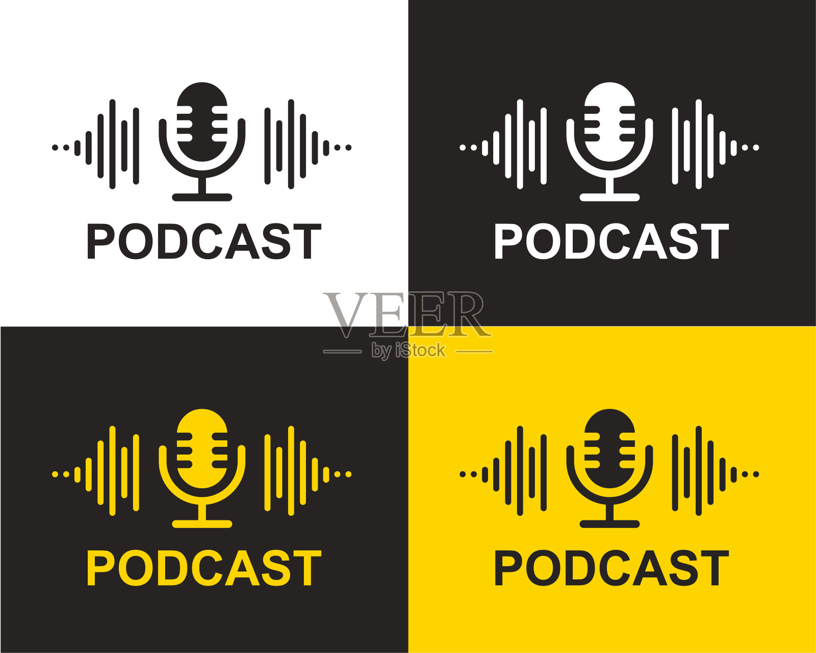 播客。矢量平面插图,图标,标志设计在灰色,黄色和白色的背景插画图片素材