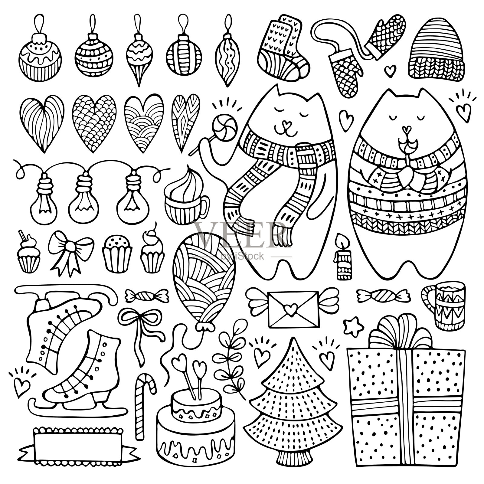 一套可爱的手绘圣诞和冬天的元素孤立在白色的背景。插画图片素材