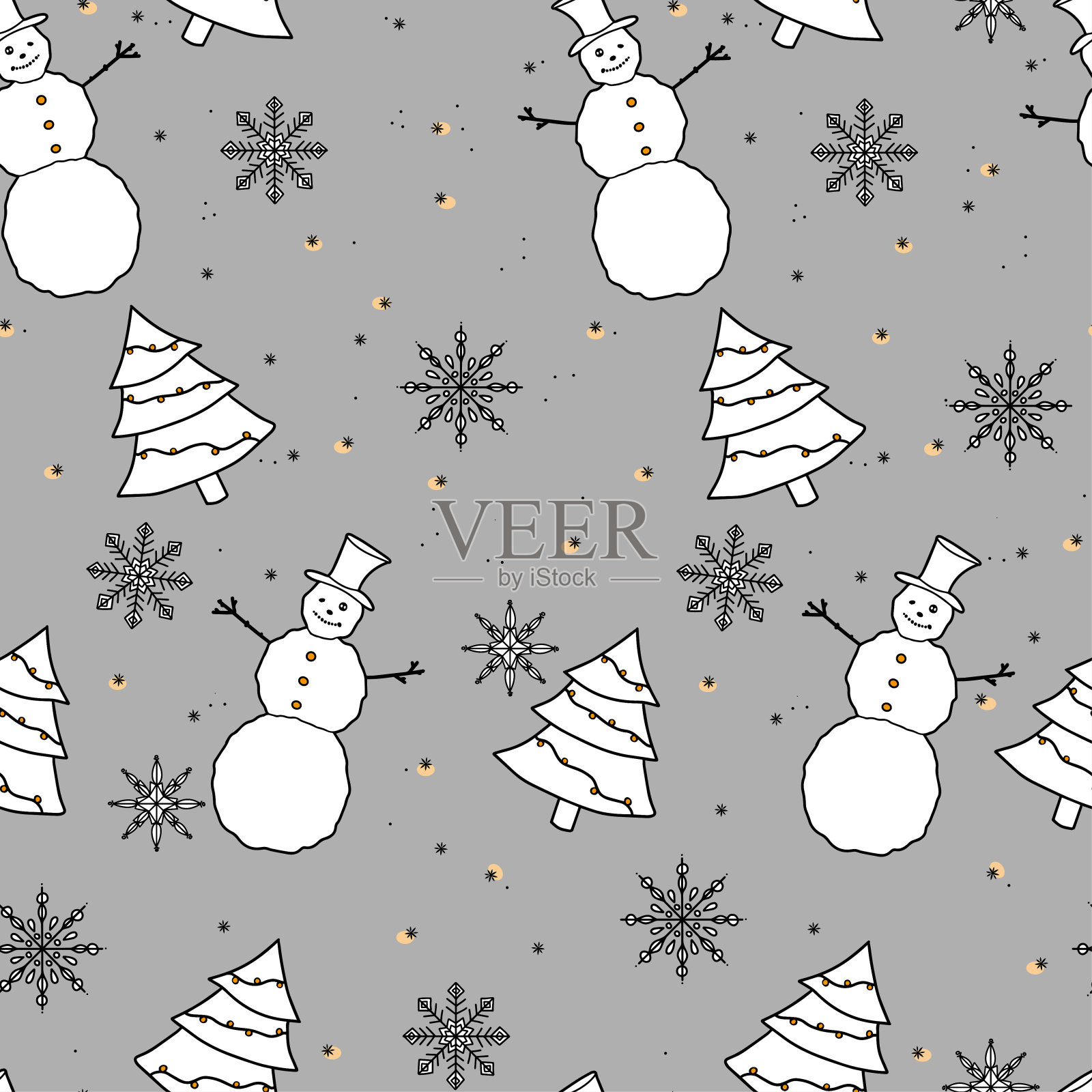 圣诞佳节无缝图案冷杉树、雪人、雪花、雪花。涂鸦手画霜冻的街道在冬天。矢量插图明信片,包装,纸,礼物。设计元素图片