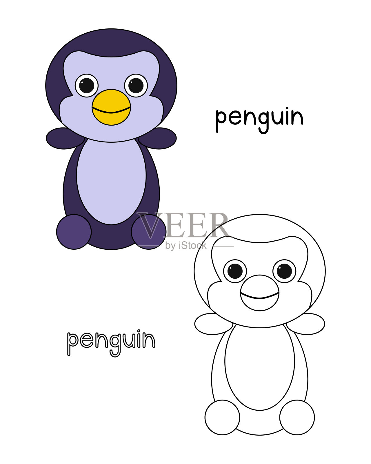 小企鹅涂色书,涂色书适合学前儿童,具有简单的教育游戏水平。简单的线性设计。插画图片素材