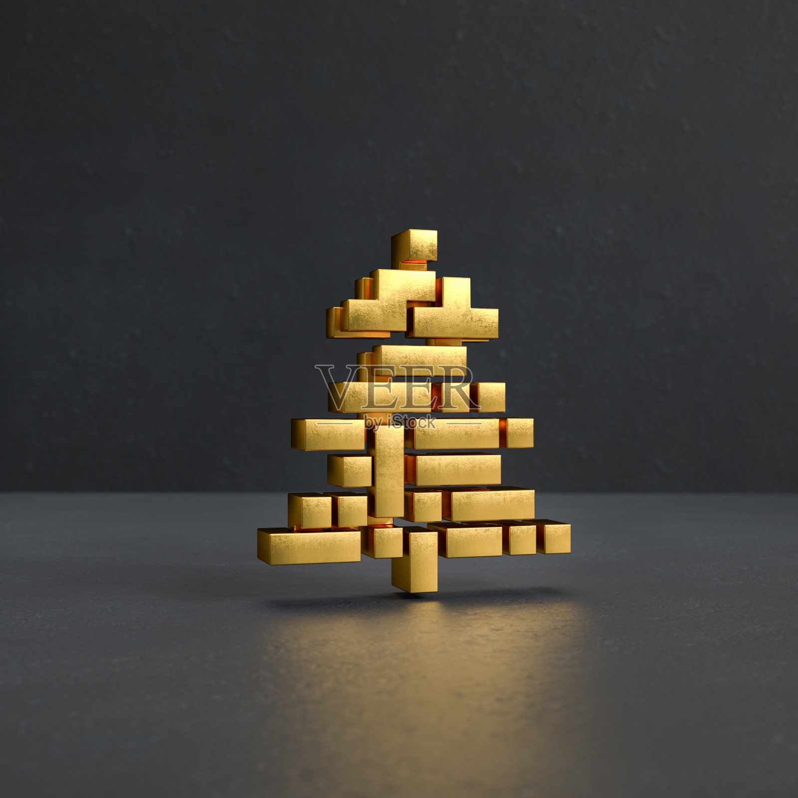 圣诞树由金色俄罗斯方块风格的方块悬停在黑色的石头背景。正方形构图,具有大量的复制空间和裁剪可能性。照片摄影图片