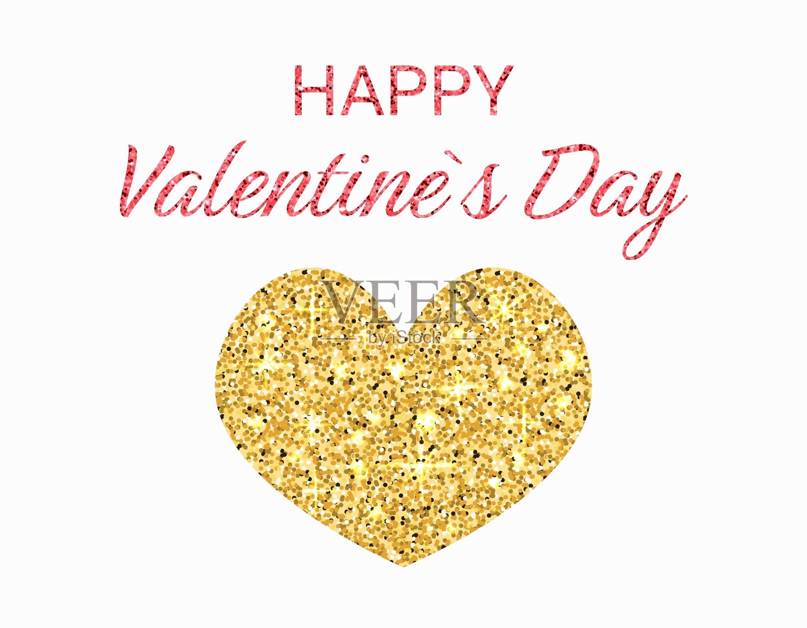 情人节贺卡。金光闪闪的心与发光的效果和文字情人节快乐。设计闪亮的爱情符号。矢量图插画图片素材