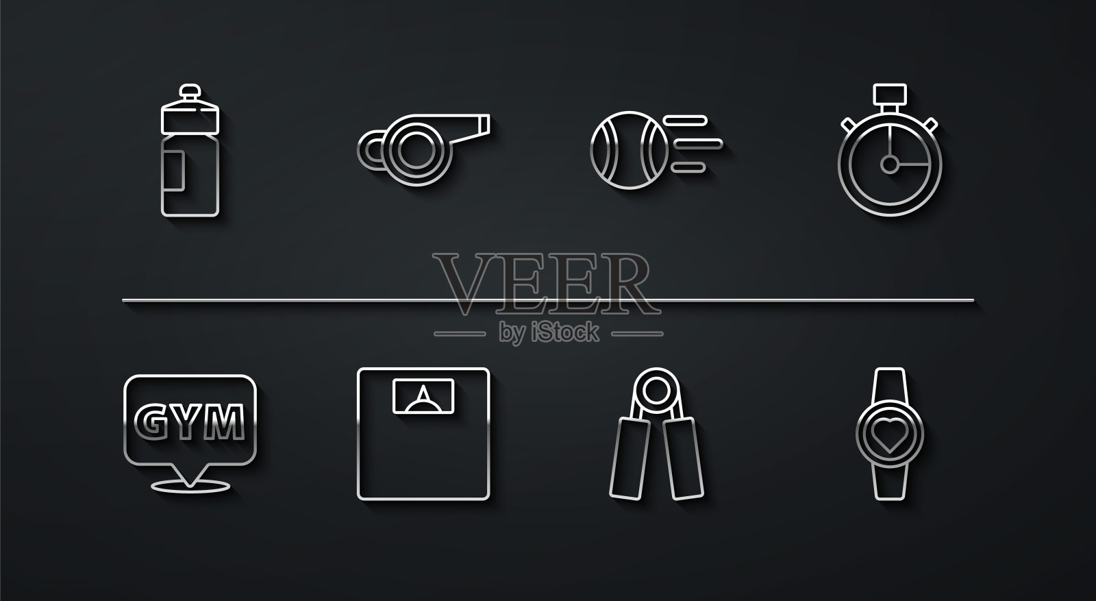 设置线健身摇床,位置健身房,秒表,运动扩展器,浴室秤,口哨,智能手表和网球图标。向量图标素材