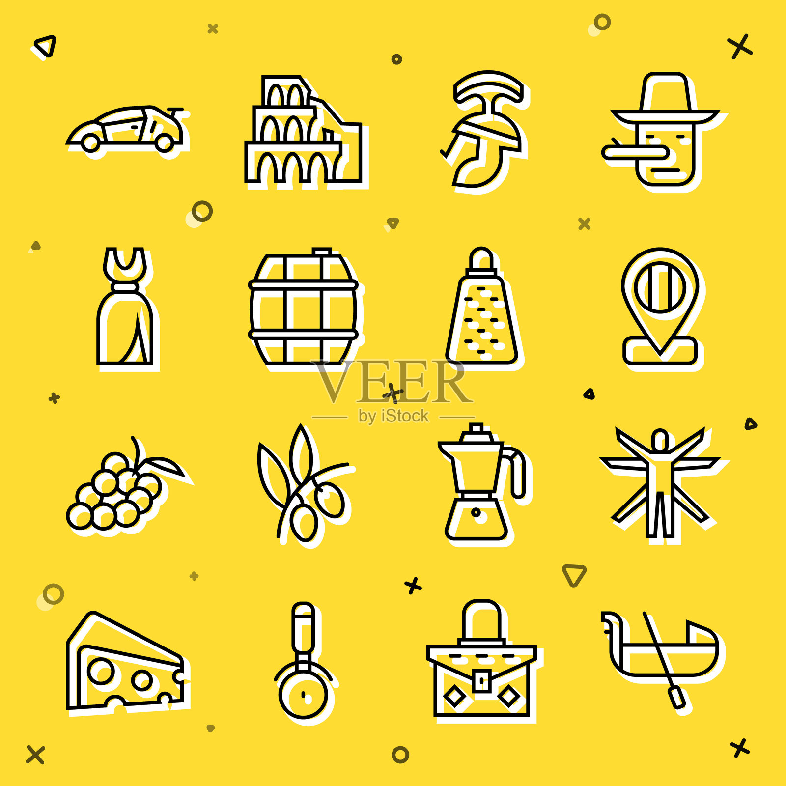 设置线贡多拉,维特鲁威人,位置国旗意大利,罗马军队头盔,桶酒,女人的服装,跑车和磨碎图标。向量图标素材