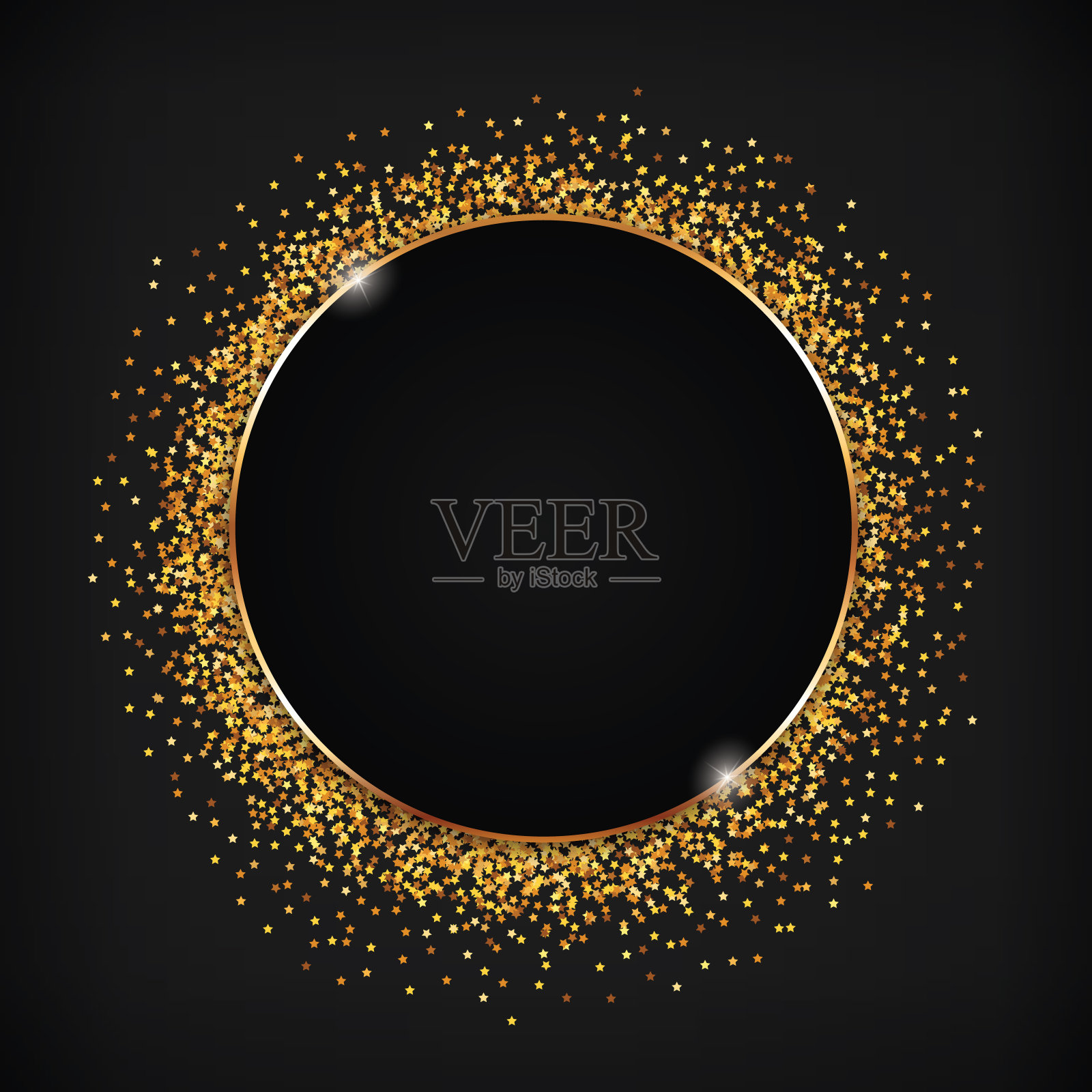 黑色圆形矢量旗帜与金色框架-圆形旗帜设计元素在黑暗的背景插画图片素材