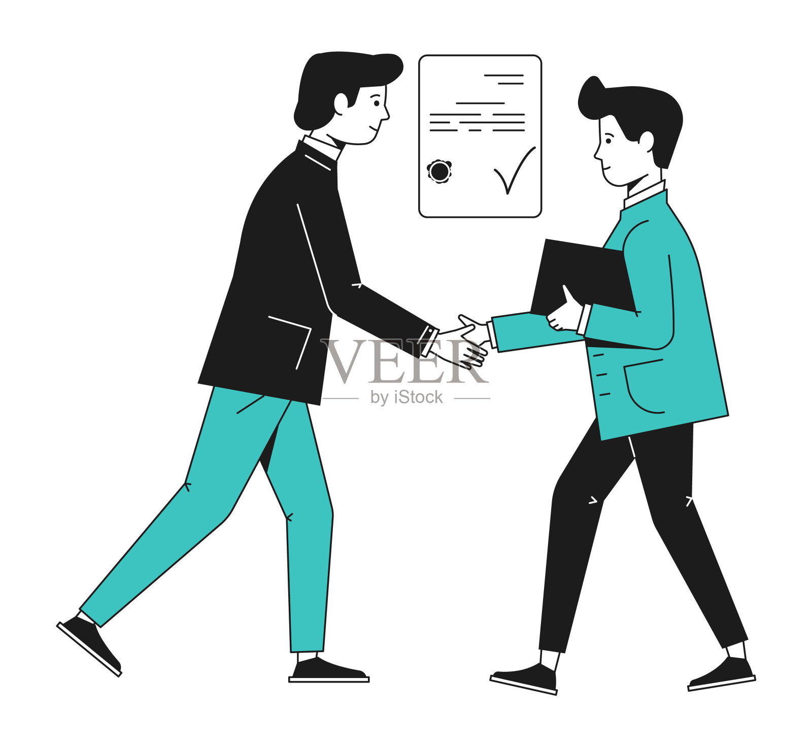 签完合同后,两个男人在握手。关闭交易的概念插画图片素材