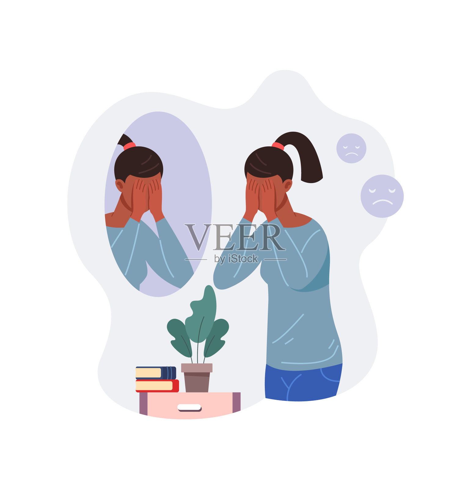 对着镜子哭泣的女孩。悲伤的女人哭泣,矢量插画图片素材