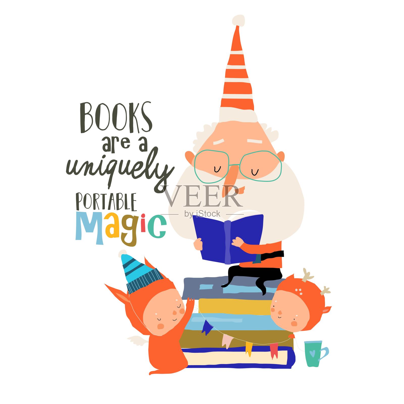 圣诞老人与快乐天使一起读书插画图片素材