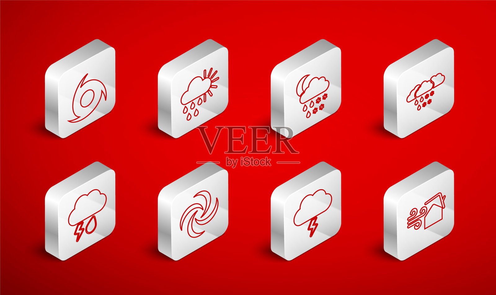 设置线龙卷风漩涡,多云与雨和太阳,雪,雨,月亮,风暴,闪电图标。向量图标素材