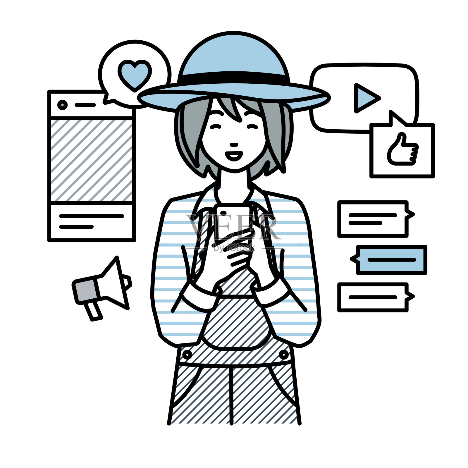 一位农民妇女站在一边看着手里的智能手机,享受着通过各种社交网络和聊天工具进行交流插画图片素材