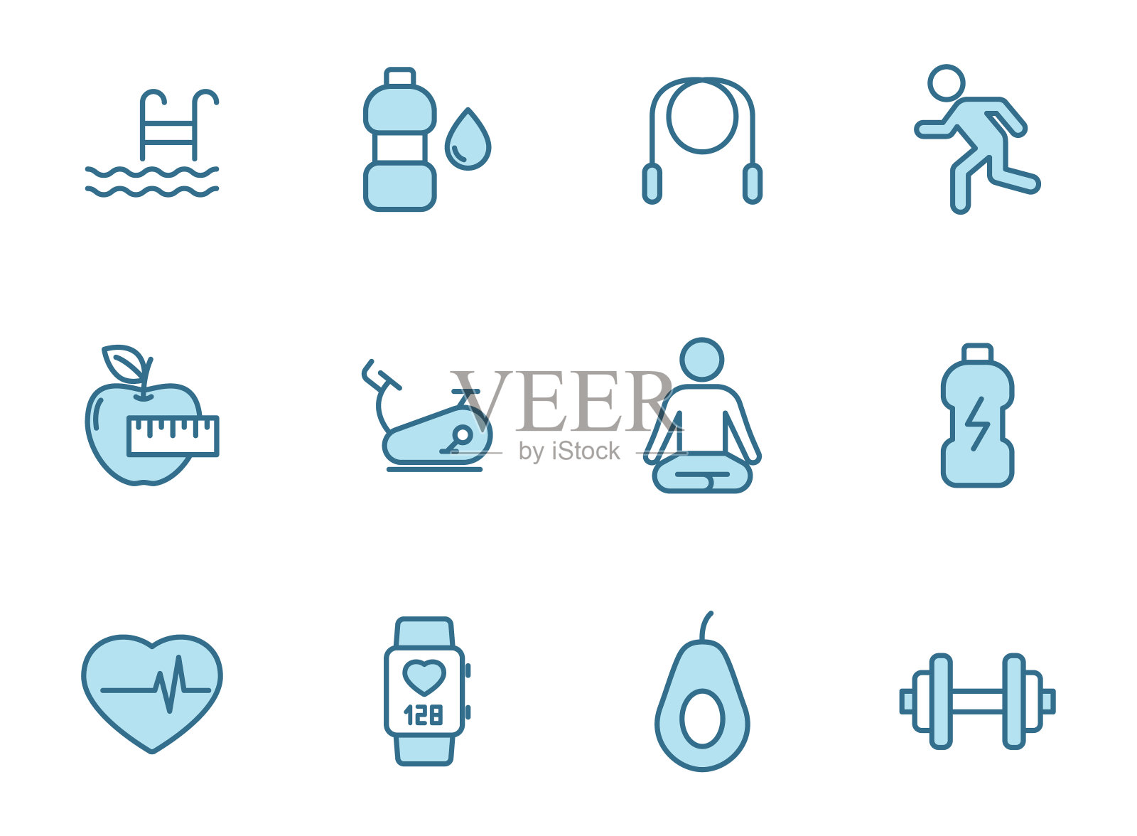 健康线矢量图标在白色背景上分离的两种颜色。健身蓝色轮廓图标设置为网页设计,ui,移动应用程序和打印图标素材