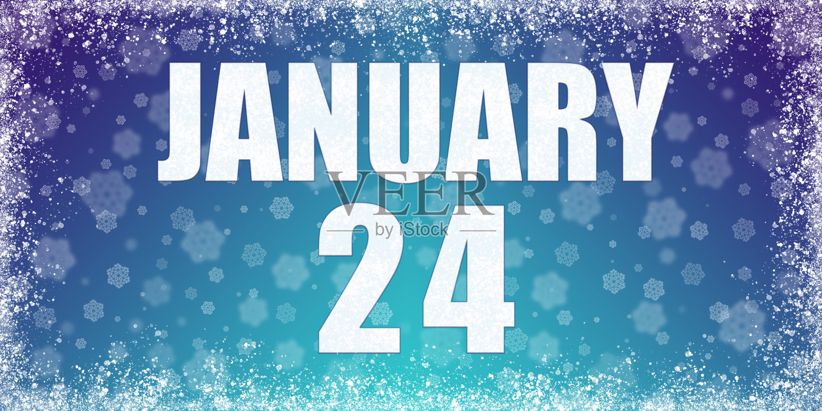 冬季蓝色梯度背景雪花和雾凇框架和日历的日期1月24日,旗帜。插画图片素材