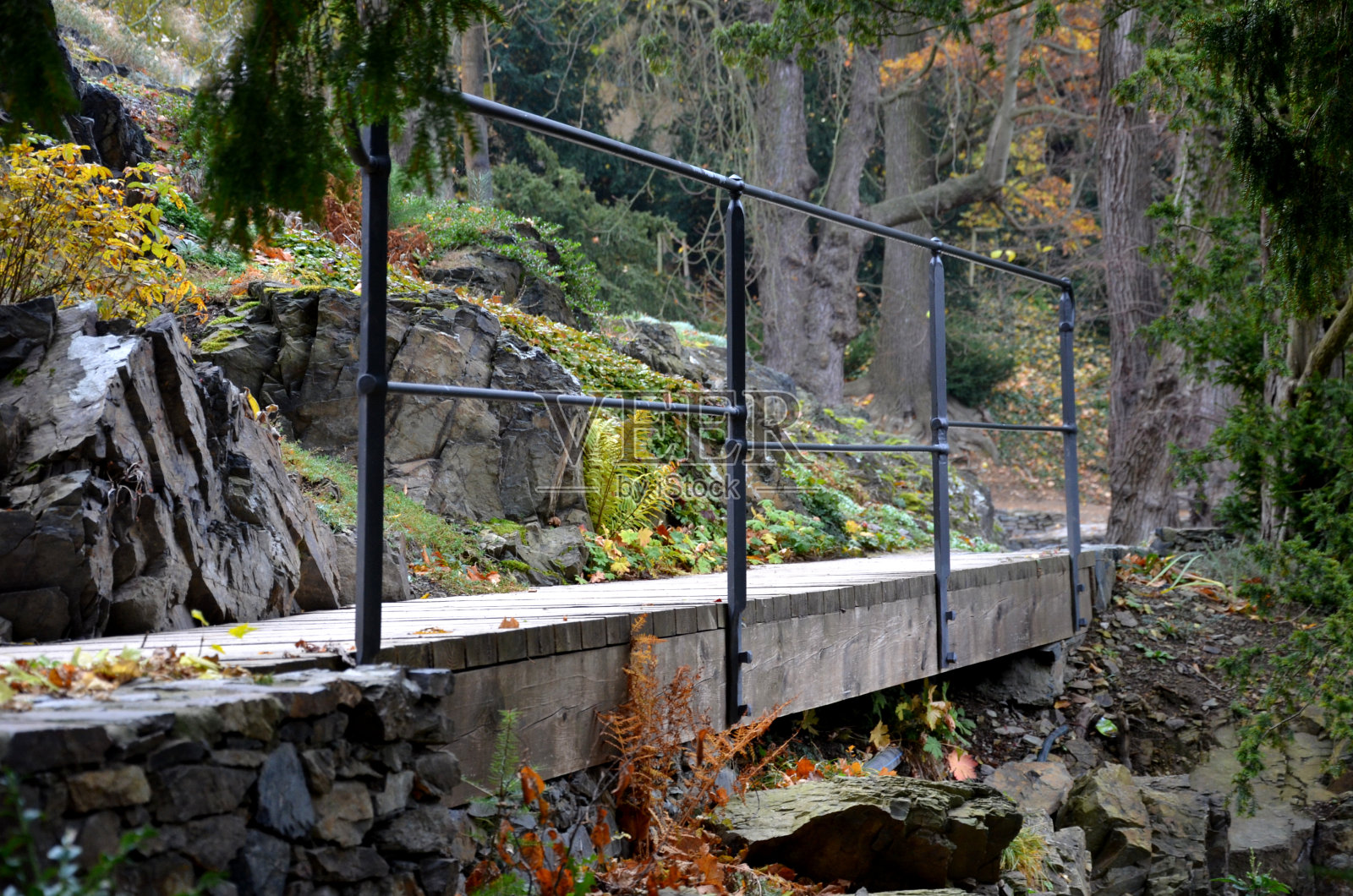 木桥与锻造金属栏杆。这座桥横跨峡谷中万丈深渊上的一块岩石。木板小心地避开了木匠用牙齿磨过的石头。董事会照片摄影图片