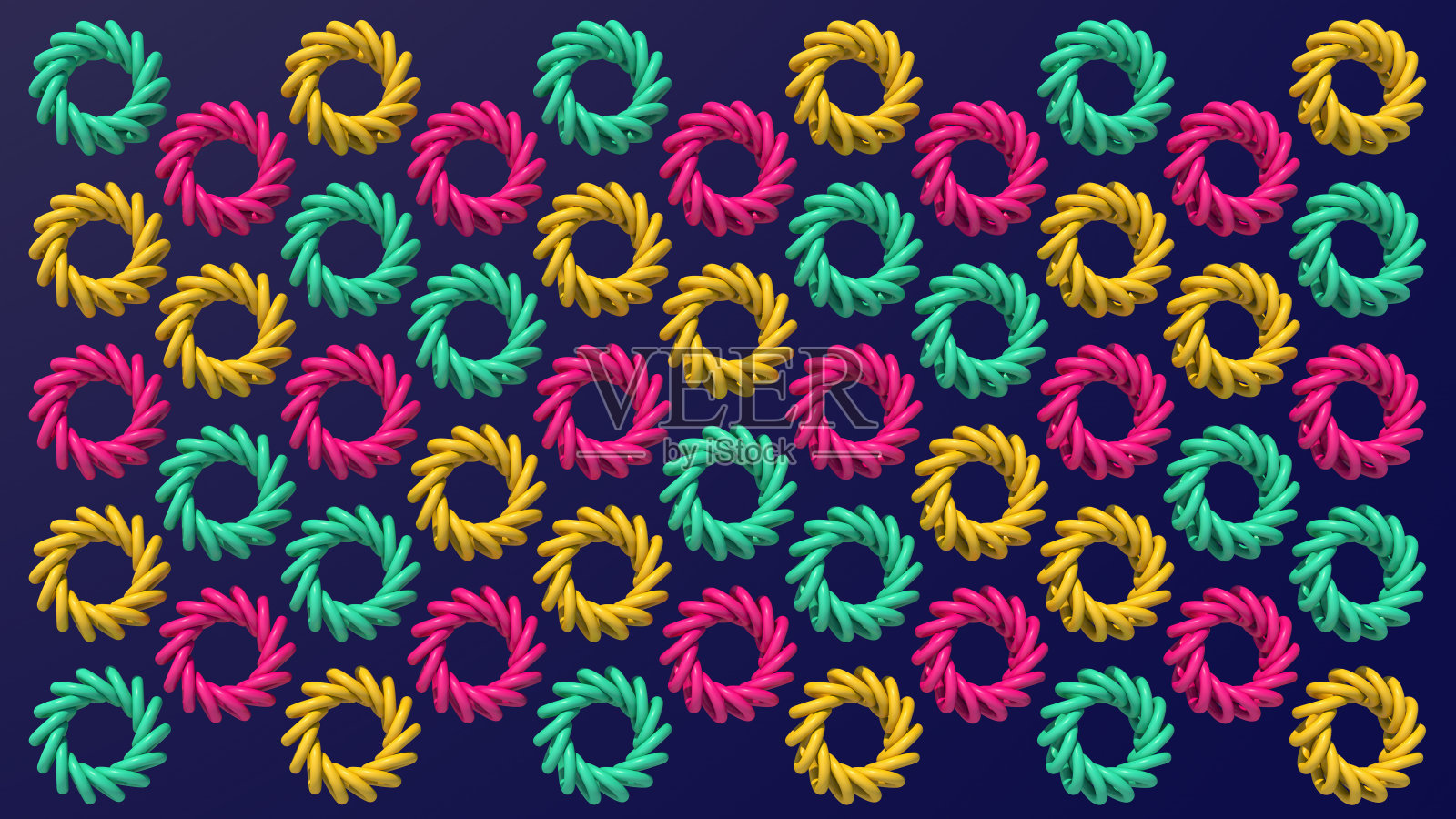 一组色彩鲜艳的圆圈形状。蓝色背景。抽象插图,3d渲染。照片摄影图片