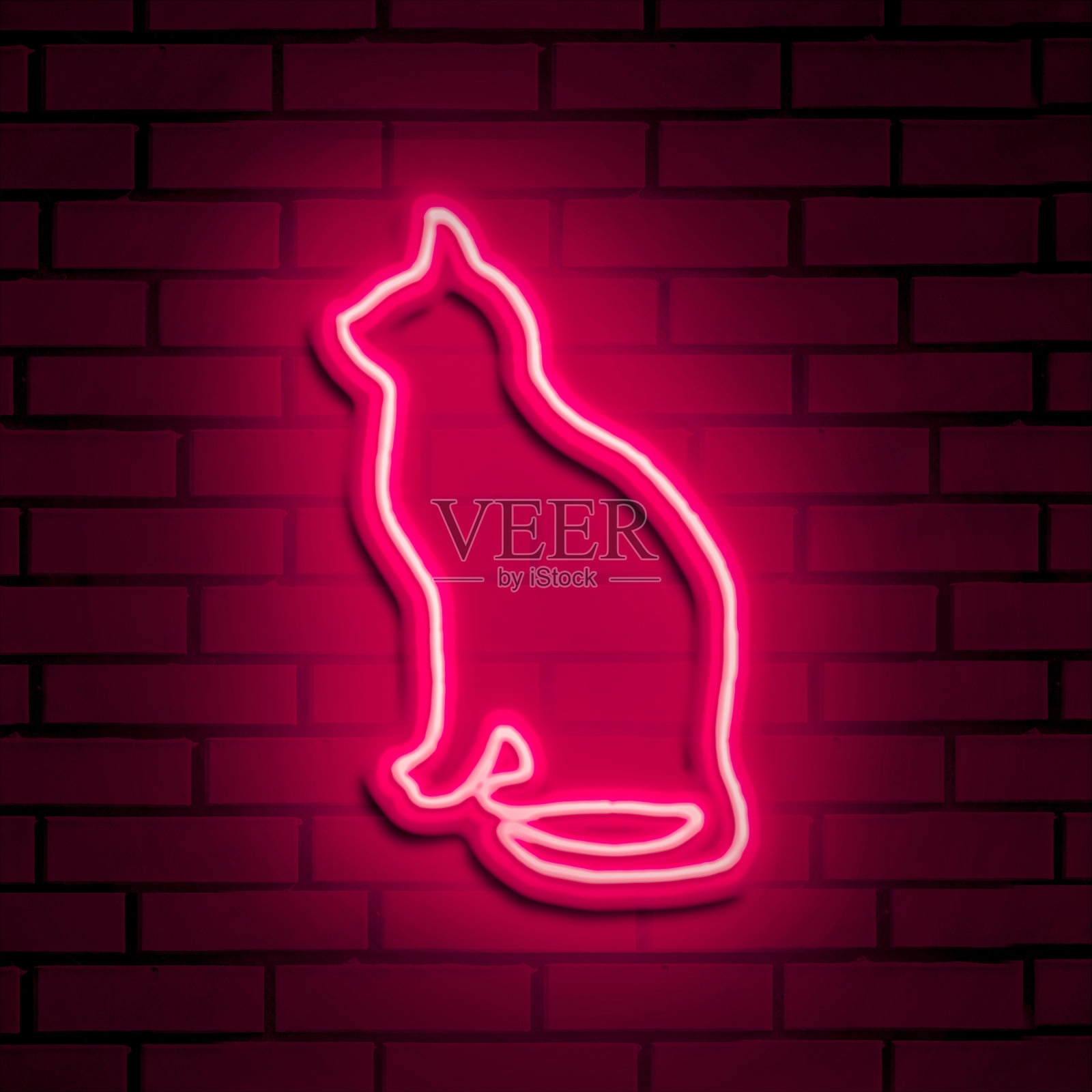 霓虹灯。红色霓虹灯猫在砖墙上。3 d渲染。照片摄影图片