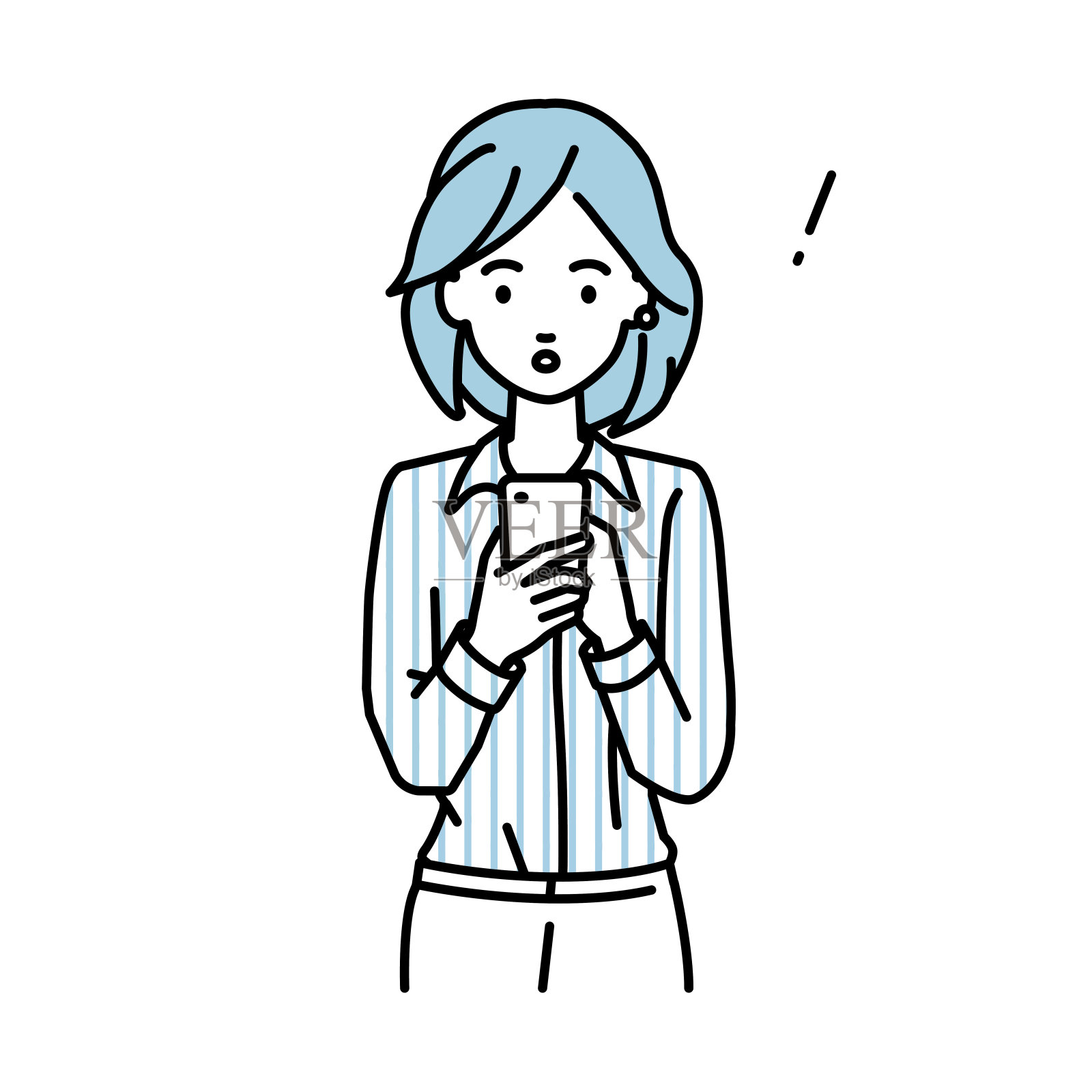 一名穿着衬衫工作风格的女子发现并注意到有什么东西站在那里,手里拿着智能手机往里看插画图片素材