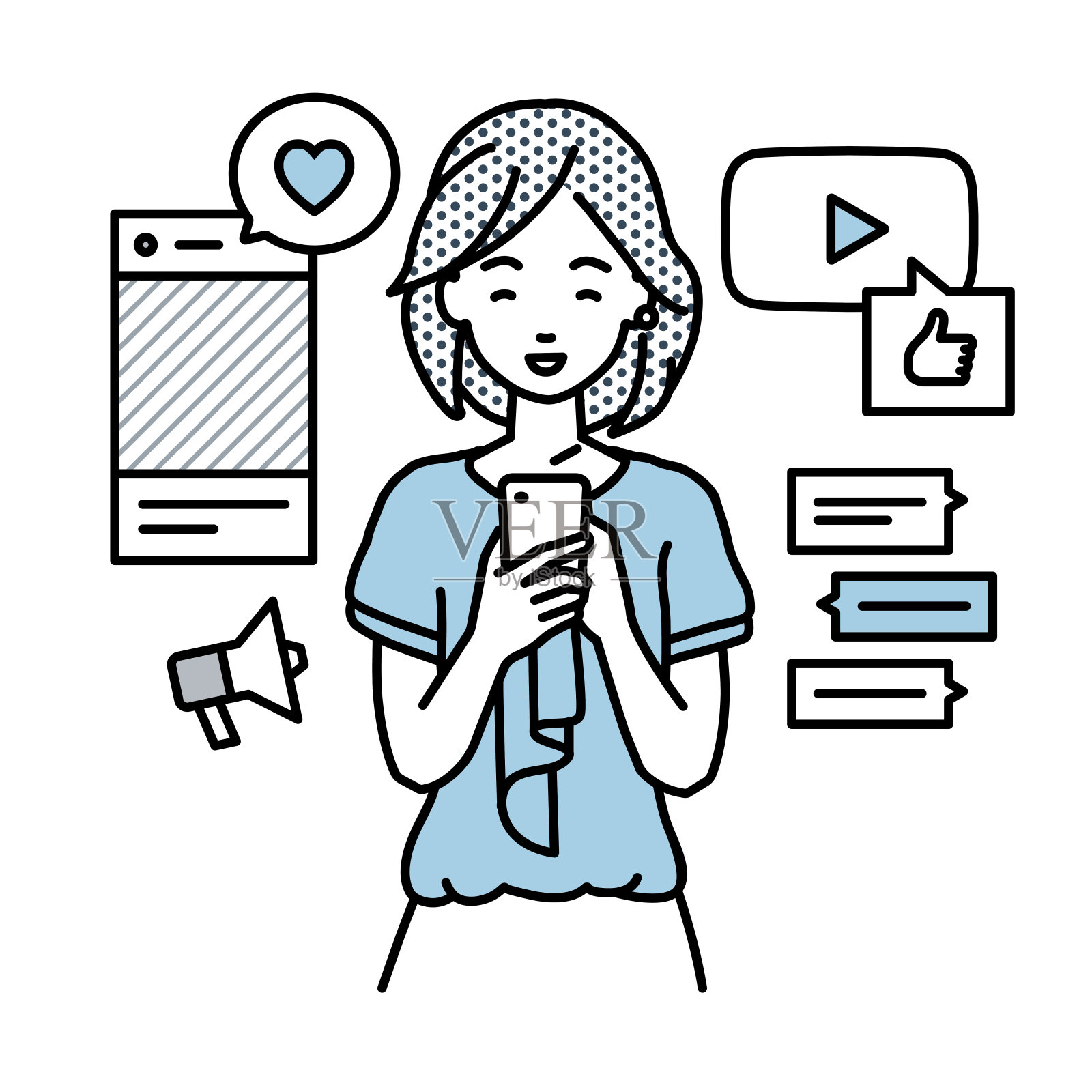 一名女性穿着休闲的工作风格,喜欢通过各种社交网络和messenger进行交流,站在那里看着手中的智能手机插画图片素材