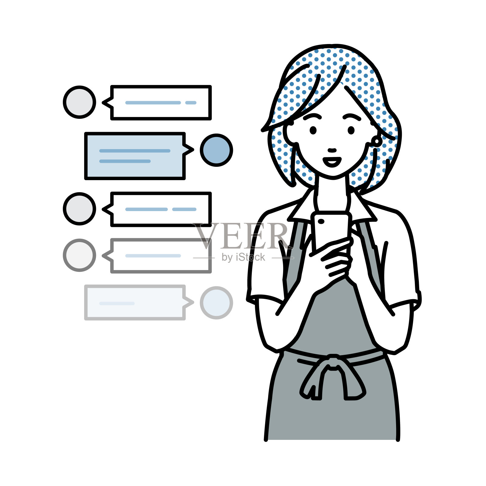 一位穿着咖啡围裙的女士站在那里,看着手里的智能手机,享受着通过社交网络聊天的交流插画图片素材