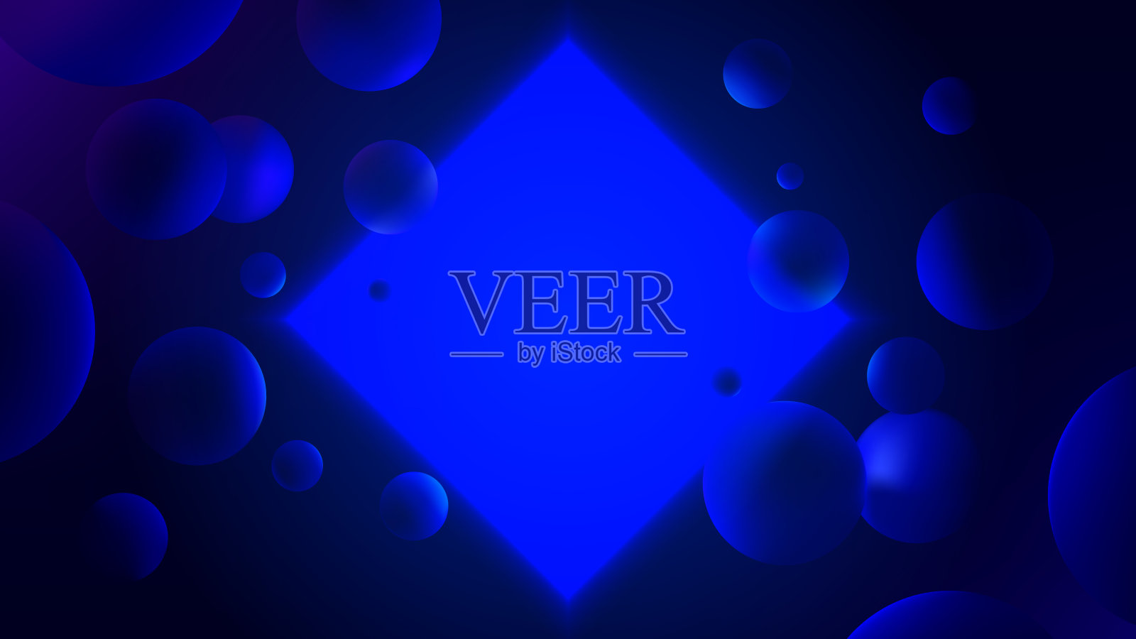 抽象矢量插图与发光的深蓝色正方形在黑暗的背景,霓虹灯反射球体,未来的梯度海报几何形状插画图片素材