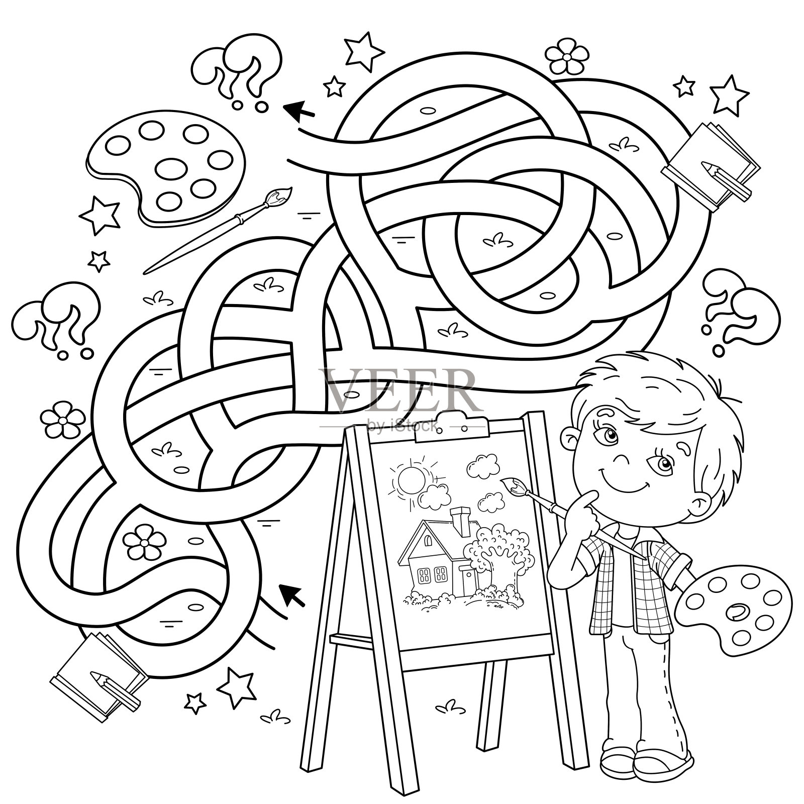 迷宫或迷宫游戏。谜题。错综复杂的道路。用画笔和颜料绘制卡通男孩的着色页轮廓。有画架的小艺术家。儿童涂色本。插画图片素材
