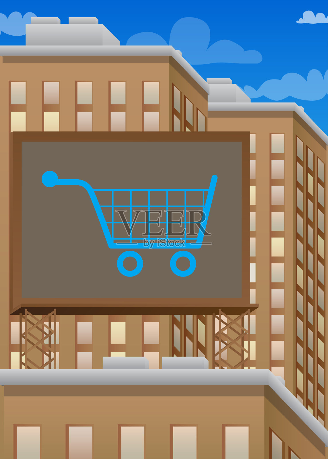 电子商务图标,购物标志的广告牌顶部的一个建筑物。插画图片素材