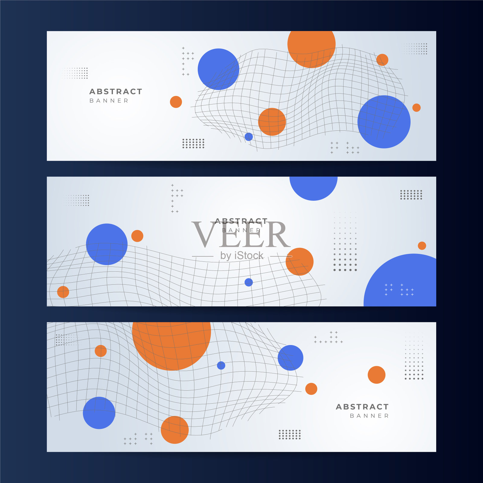 色彩鲜艳的蓝色橙色充满活力的网页横幅背景模板与网格圆形抽象形状。收集水平横幅与梯度颜色和抽象的几何背景。标题的网页设计。设计模板素材