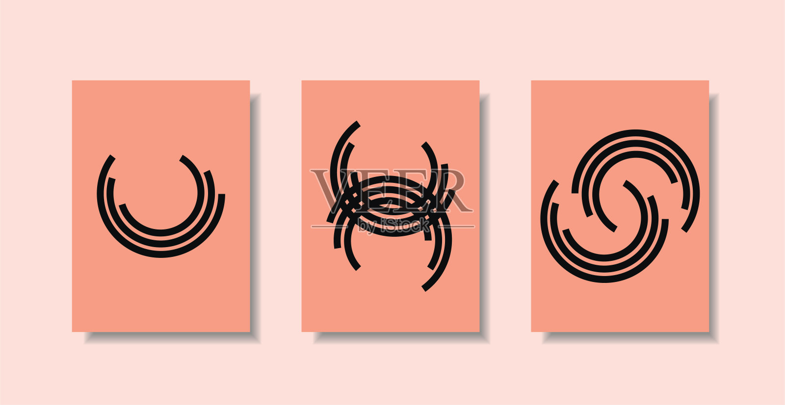 向量画的集合。海报为房屋风格的极简主义,阁楼。抽象设计,图形元素,圆,线,和谐,平衡。用于印刷,封面,墙纸,墙壁艺术。插画图片素材