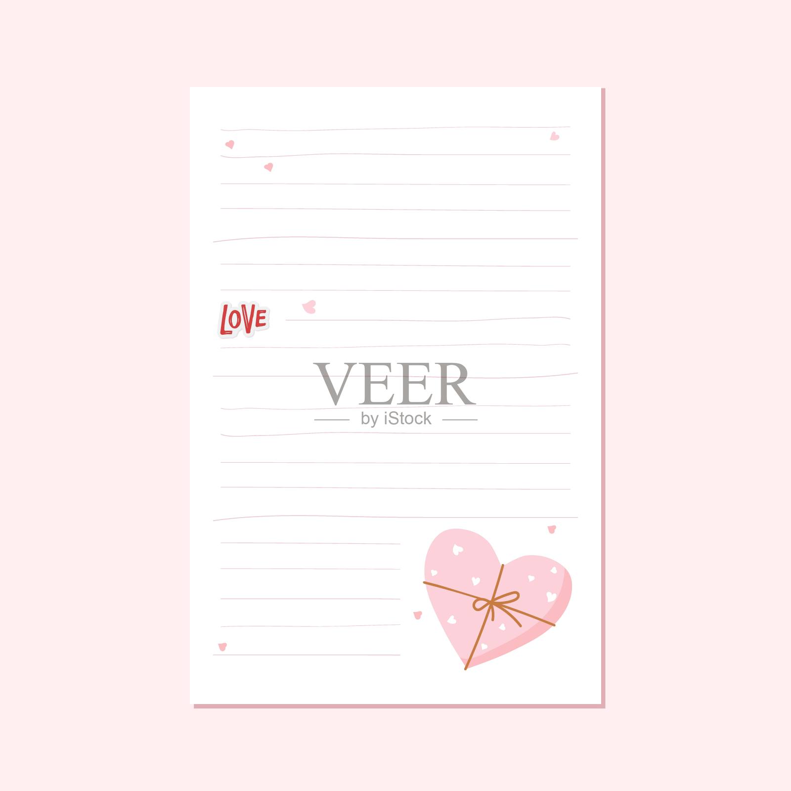情书、便笺或笔记本的模板。编写模板。爱的文本,礼品盒贴纸,线写在心的背景。平面向量孤立。情人节,生日,浪漫的惊喜设计模板素材
