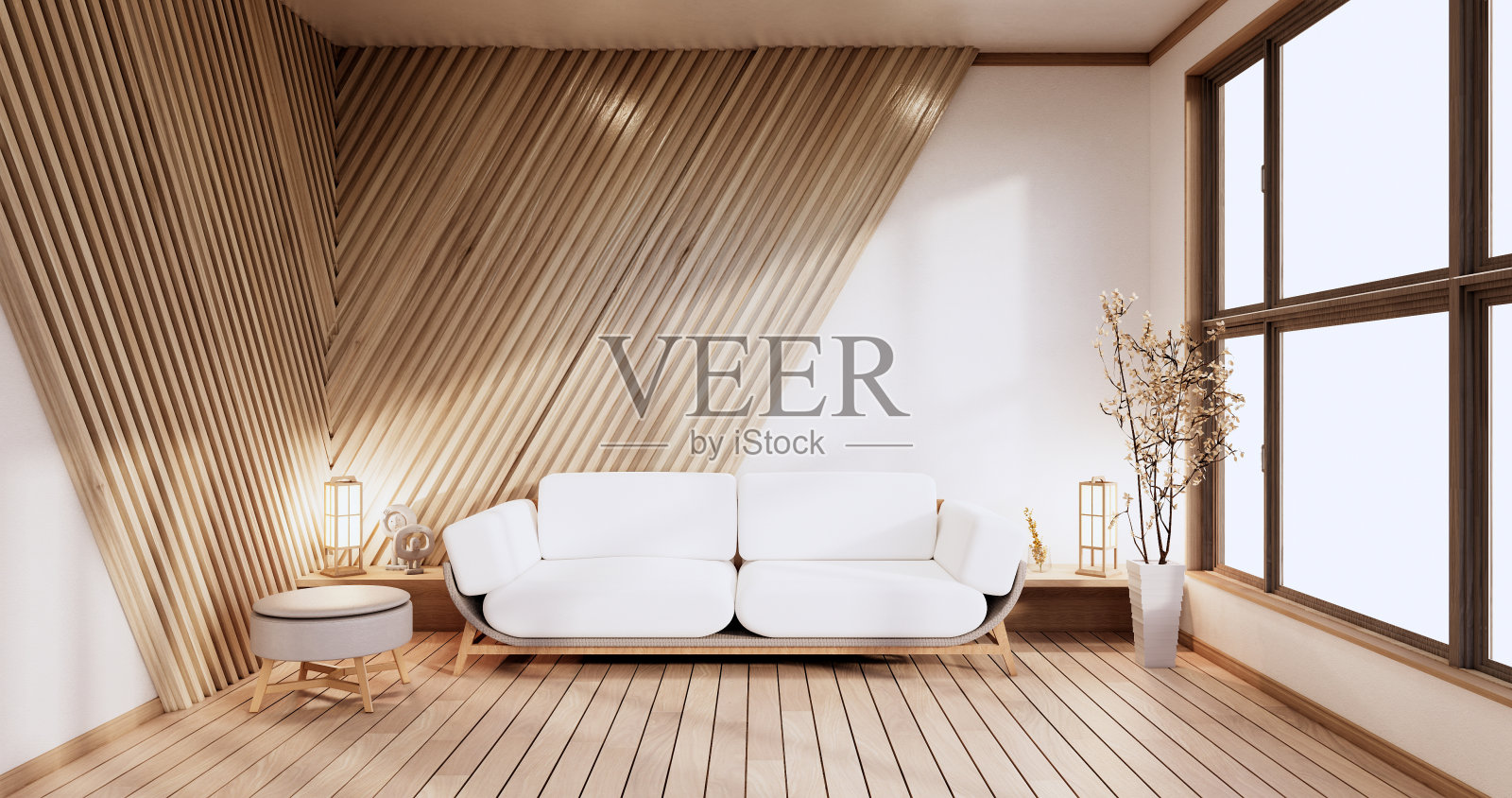 极简的室内设计,沙发家具和植物,现代的房间设计。三维渲染照片摄影图片