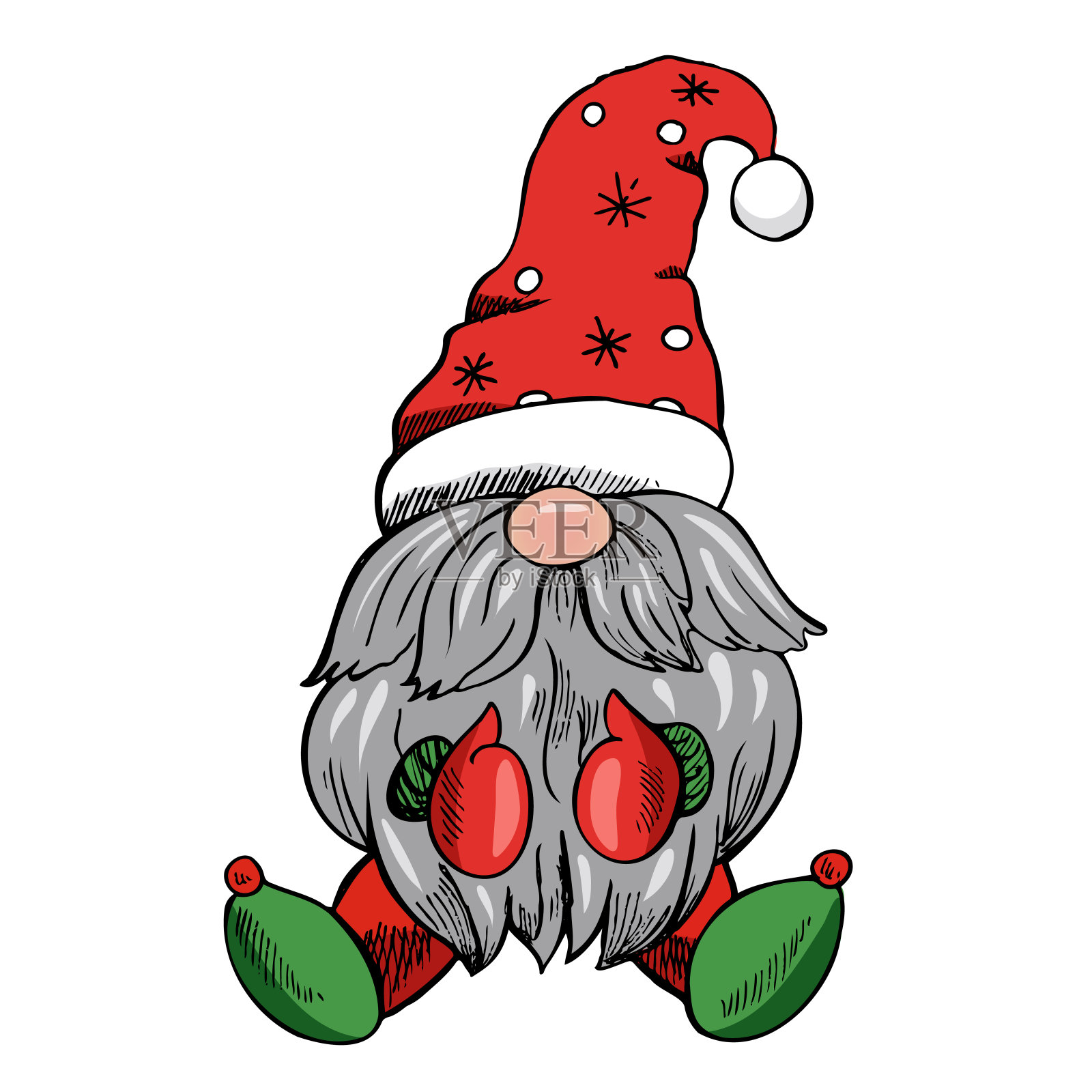 一个手画侏儒戴着一顶有雪花的帽子。北欧gnome。的矢量插图。插画图片素材