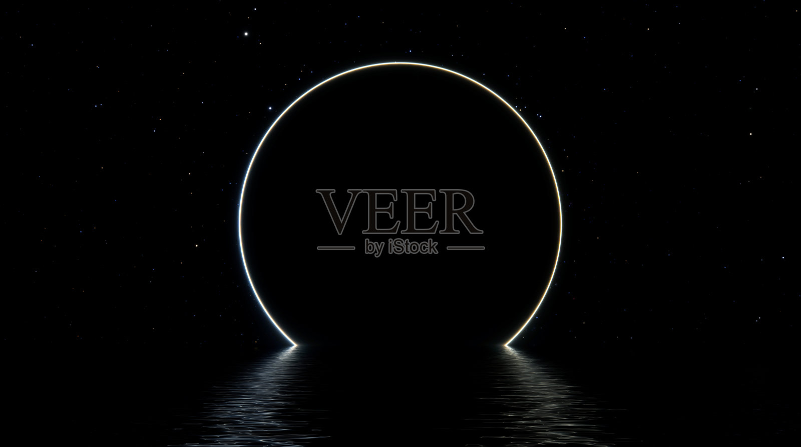 太空景幻门户圆门,星空霓虹门户宇宙映水海。穿越太空发光门户之门3D渲染之旅照片摄影图片