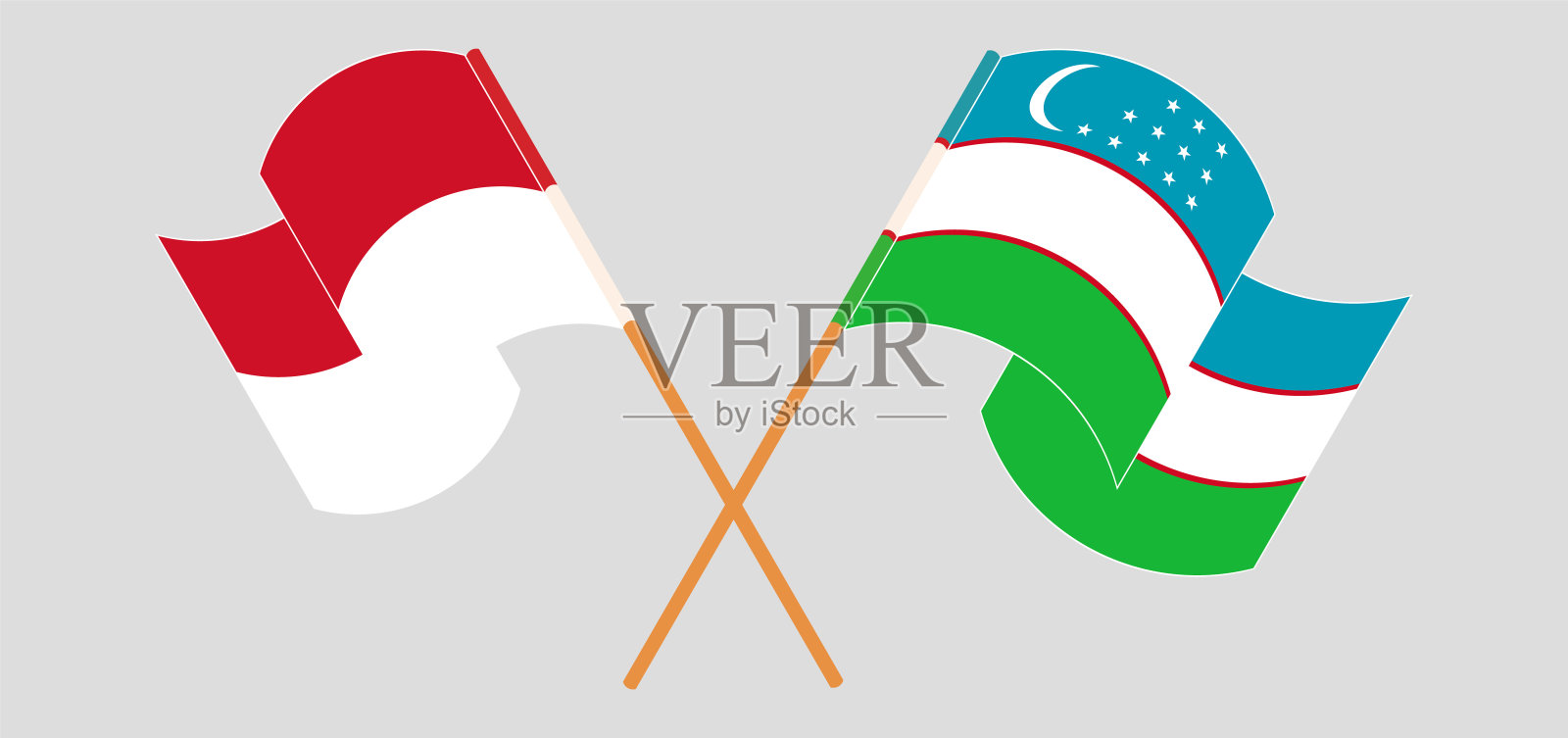 印度尼西亚和乌兹别克斯坦国旗交叉飘扬插画图片素材