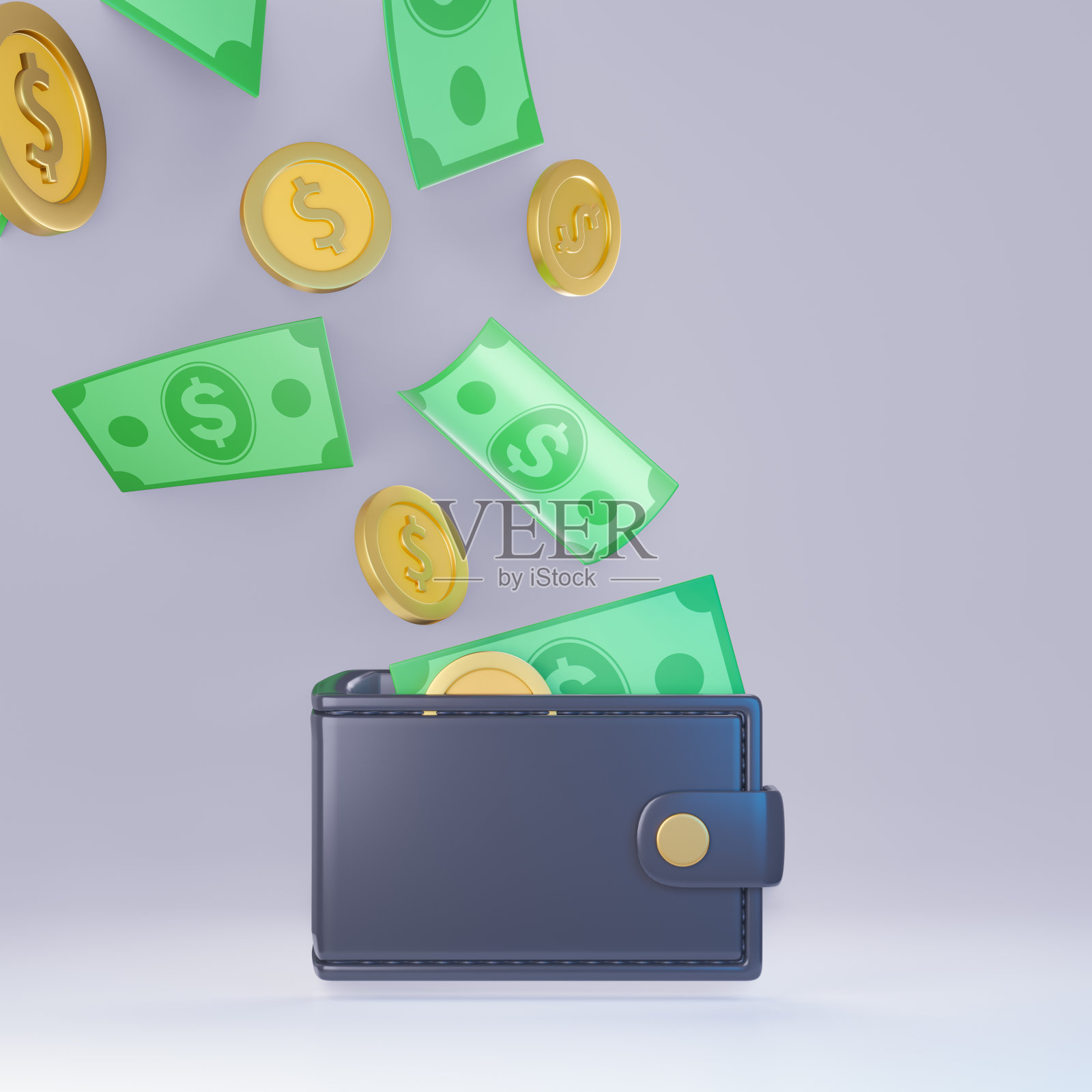 3D钱夹与美元钞票和硬币。3 d演示呈现照片摄影图片