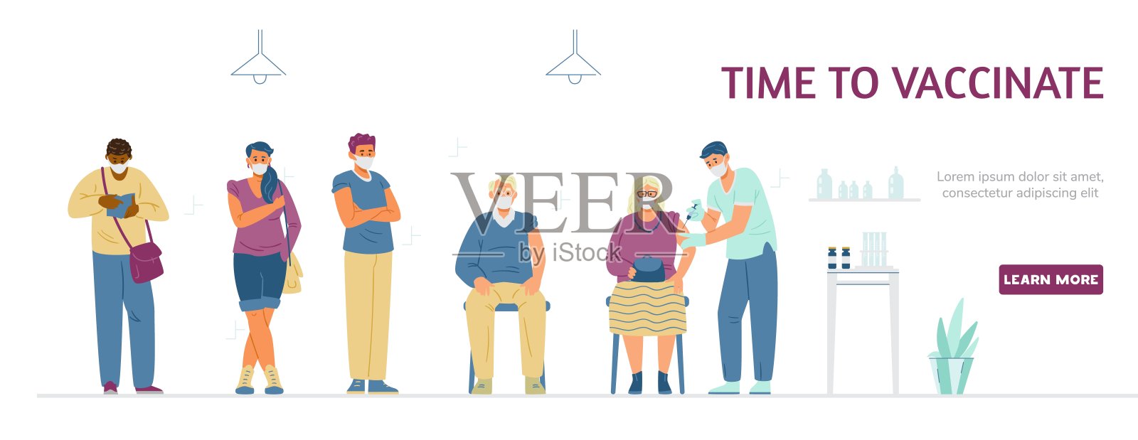 疫苗接种预防冠状病毒扁矢状横幅。插画图片素材