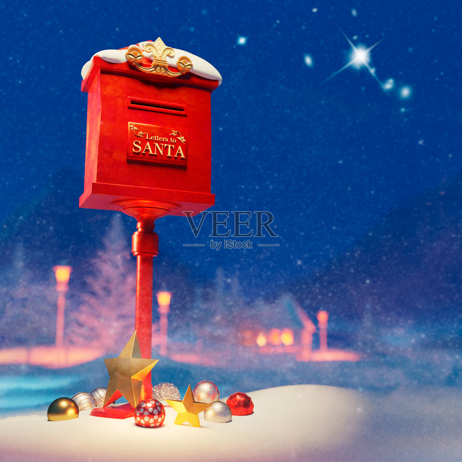 三维插图的红色圣诞信箱在雪景照片摄影图片