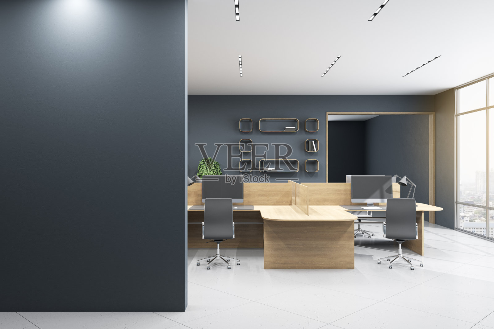 现代的办公室室内与木制家具,空白模拟的地方在黑色的墙壁,设备,窗户与城市景观和日光。共同工作和工作场所的概念。3 d渲染。照片摄影图片