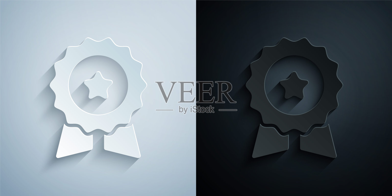 剪纸奖牌与星图标孤立在灰色和黑色的背景。赢家的象征。纸艺术风格。向量图标素材