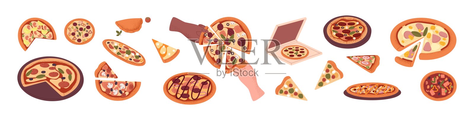 披萨。意大利菜片和三角片配以奶酪、蔬菜、蘑菇、火腿、肉类、香肠、鱼、虾等食材。平面矢量插图孤立的白色背景设计元素图片