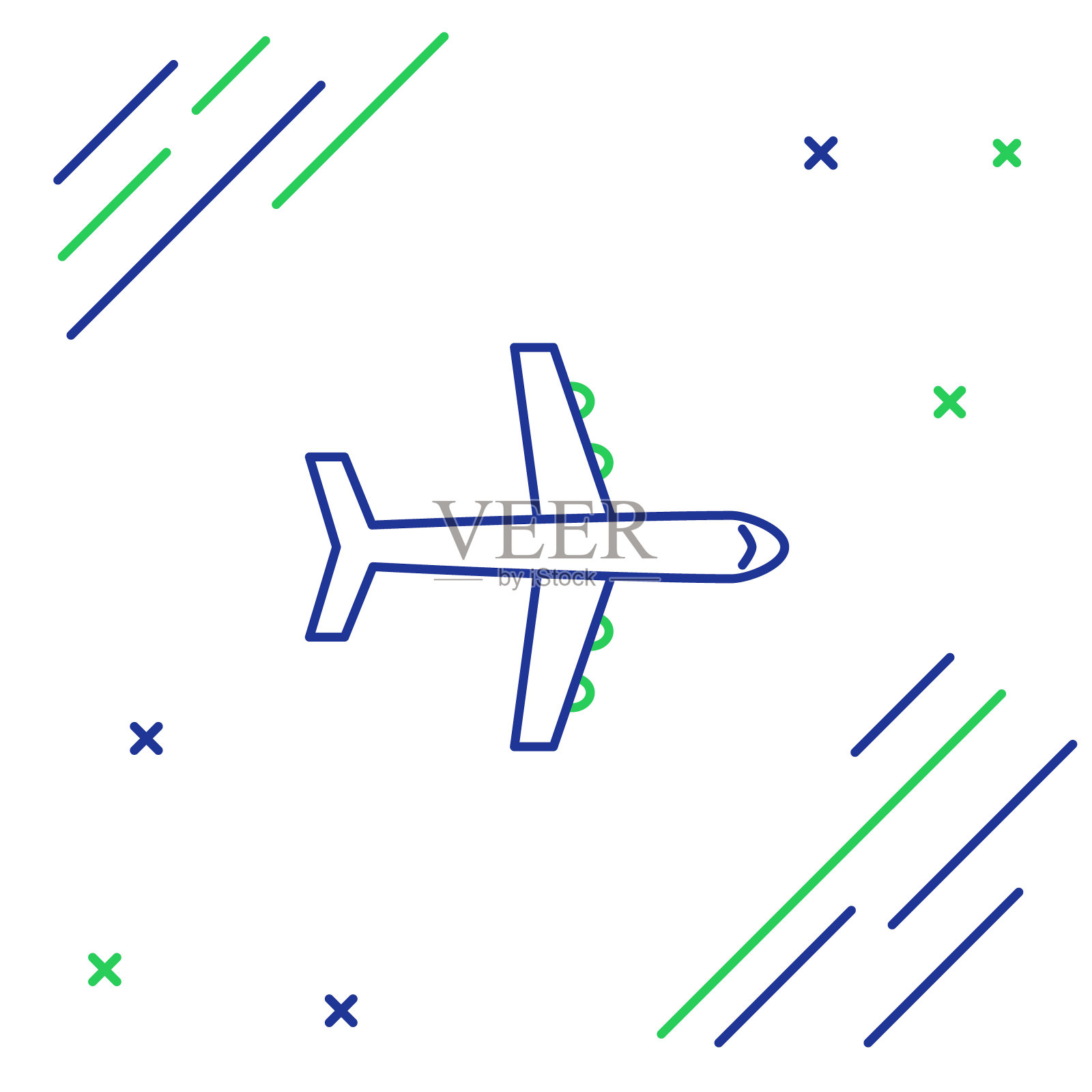 蓝绿线在白色背景上孤立的平面图标。飞行的飞机图标。客机的迹象。色彩斑斓的轮廓的概念。矢量图插画图片素材