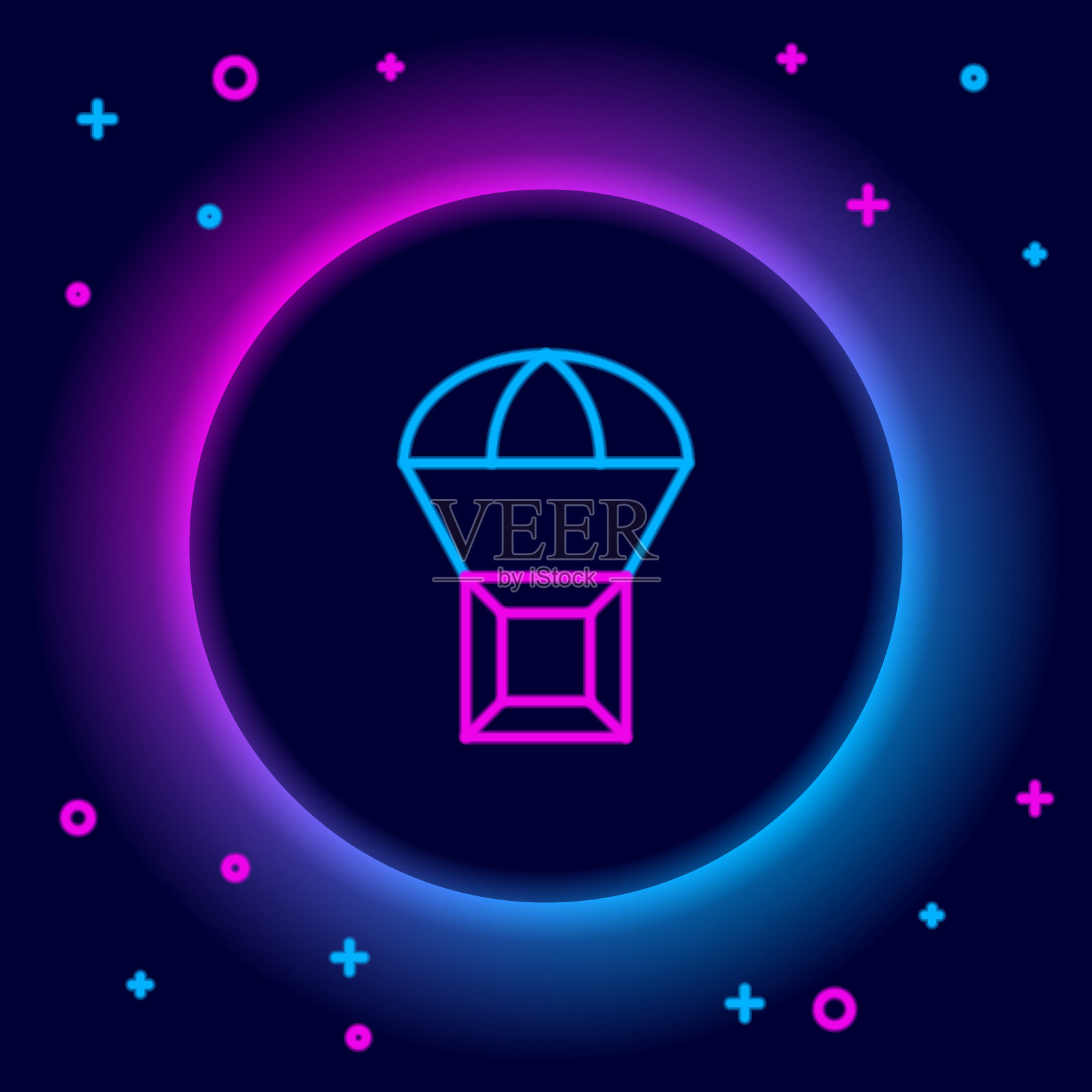 发光的霓虹灯线盒飞行的降落伞图标孤立在黑色的背景。带降落伞的包裹。送货服务,空运。色彩斑斓的轮廓的概念。向量图标素材